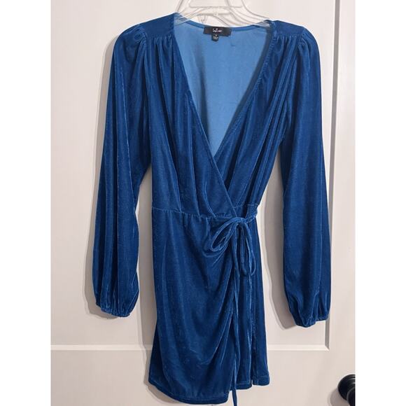 Lulu's Sz S Crushed Velvet Long Sleeve Wrap Dress Teal Homecoming Holiday - Picture 1 of 9